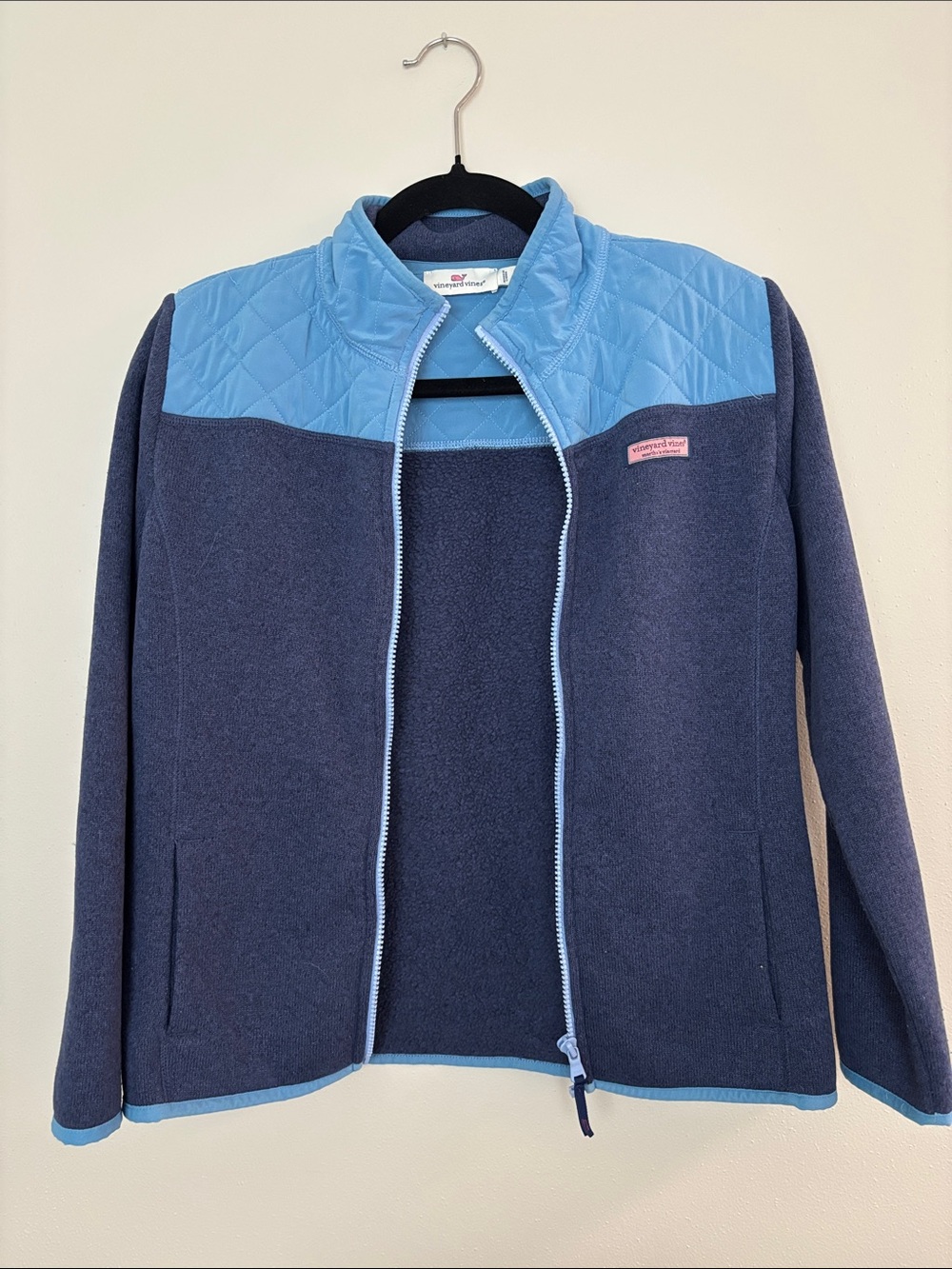 Vineyard Vines Navy Fleece Jacket with Light Blue Quilted Yoke